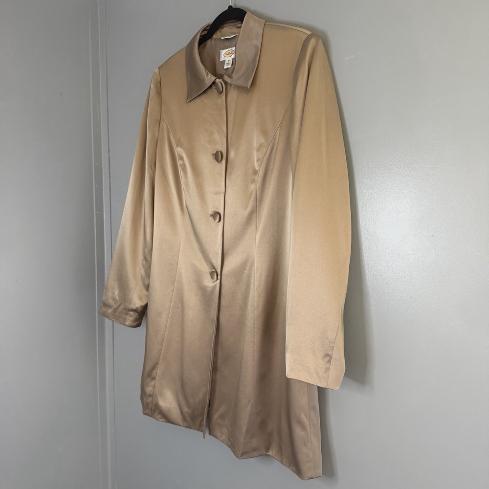 TALBOTS Women's Sz 10 Beige Pure Silk Button Down Jacket Duster Slit Back Lined